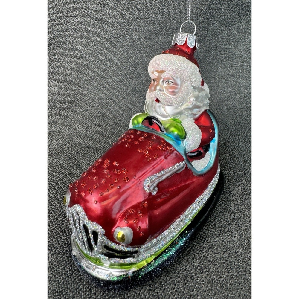Hand Blown Glass Santa In A Bumper Car Amusement Park Ride New With Tag